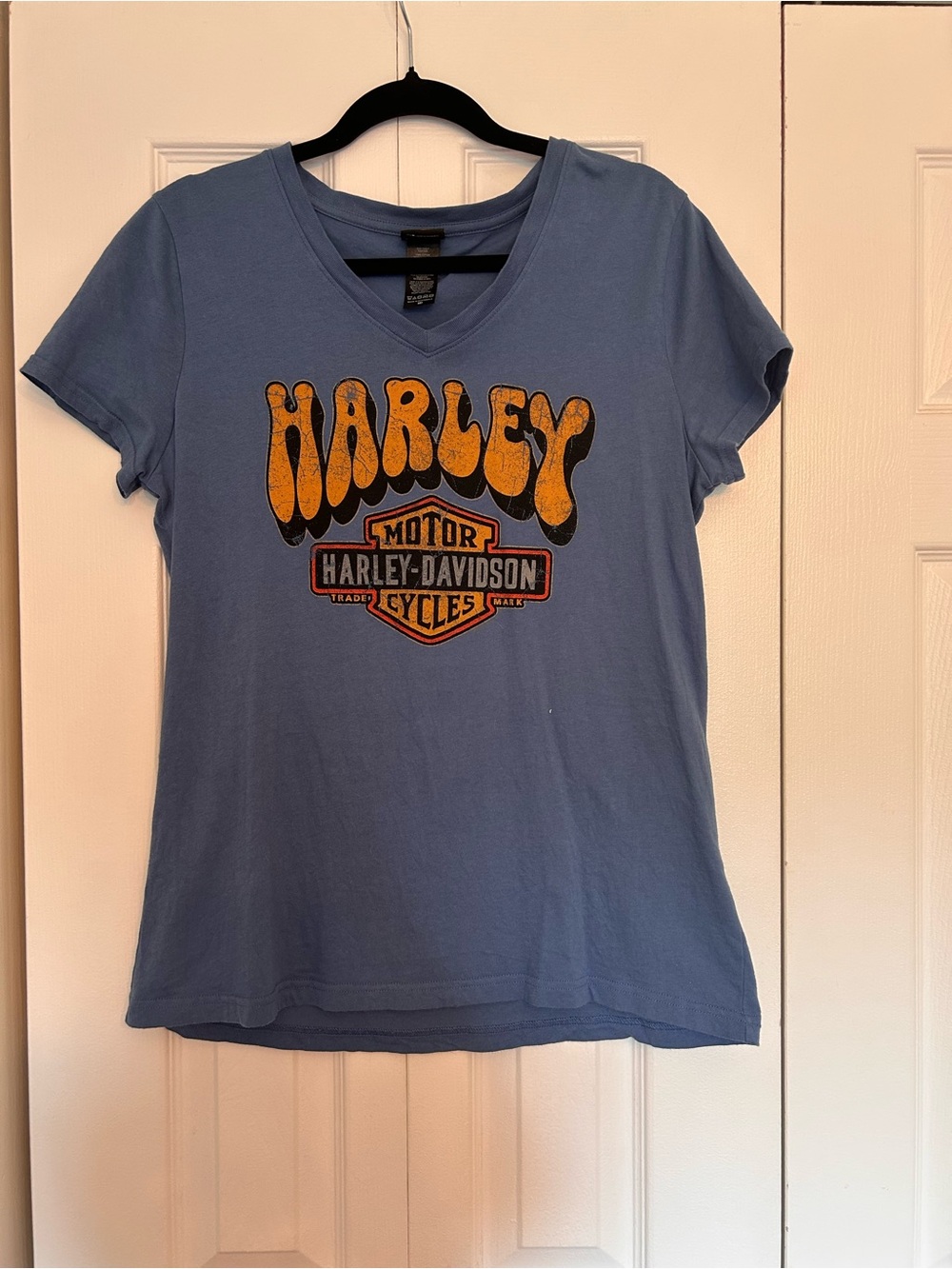 Harley-Davidson California Women's Powder Blue V-Neck Tee with Orange Logo